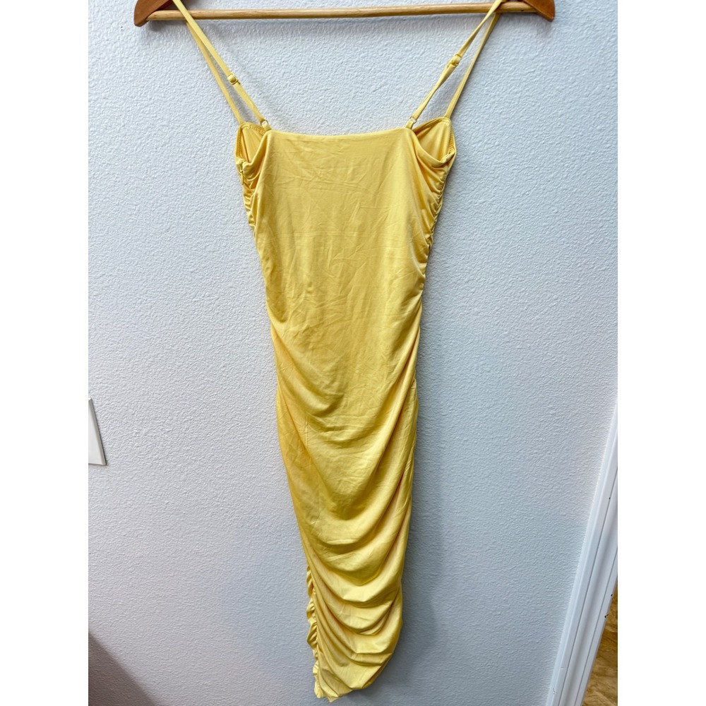 Oh Polly Anaisa Asymmetric Ruched Midi Dress Pastel Yellow XS Bodycon Sweetheart - Picture 6 of 6